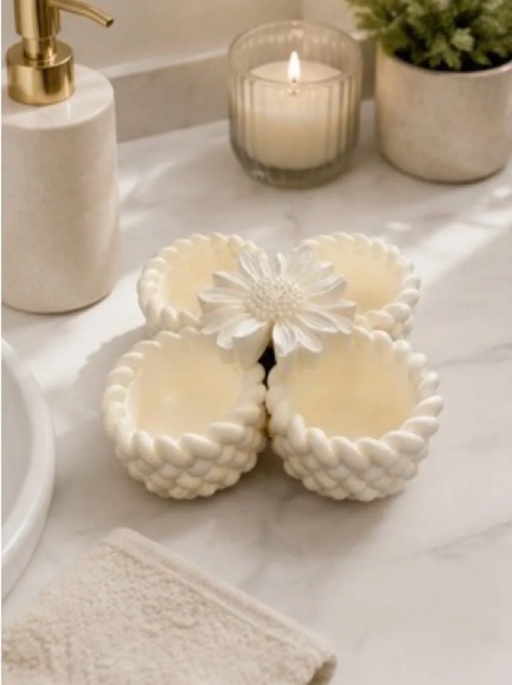 Cream Ceramic Braided Tealight Holder Set with Floral Accent
